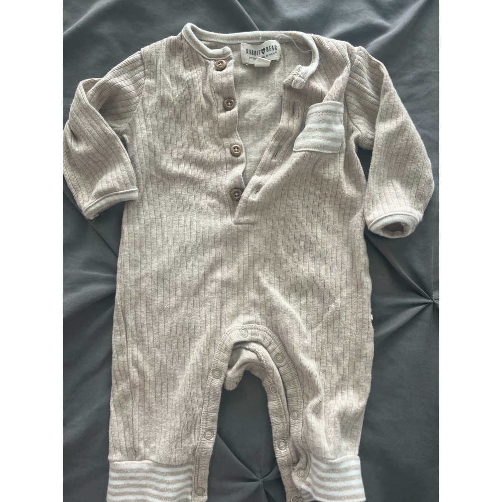 Rabbit Bear Organic One Piece Unisex White 0-3 Months Tan Striped Cotton